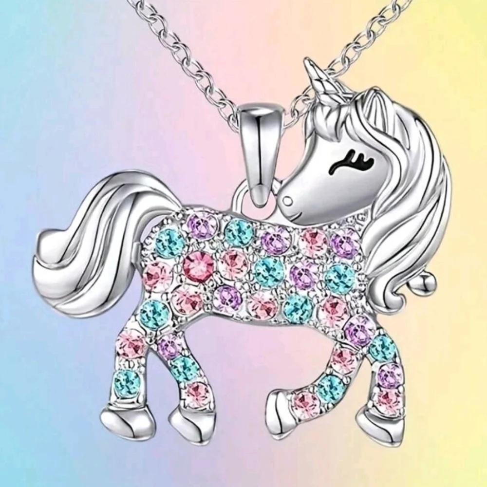 925 Sterling Silver Multi-Color Crystal Unicorn Pendant Girls Necklace 18